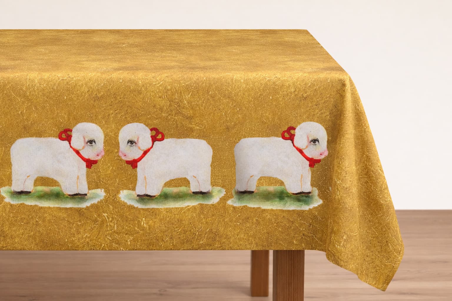 Lambs, Rectangular tablecloth by Levan Margiani for Artiani. Color: Golden. Size: 110x110. Image 1