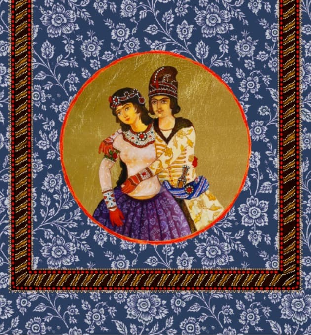 Qajari Couple, Table runner by Levan Margiani for Artiani. Color: Navy. Size: 35x145. Image 2